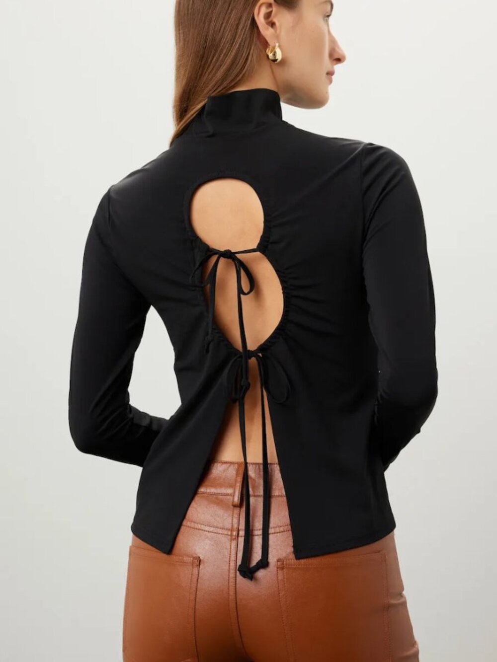 Thakoon x RTR Tie Back Turtleneck Top in Black Long Sleeve Cutout Mock Neck
